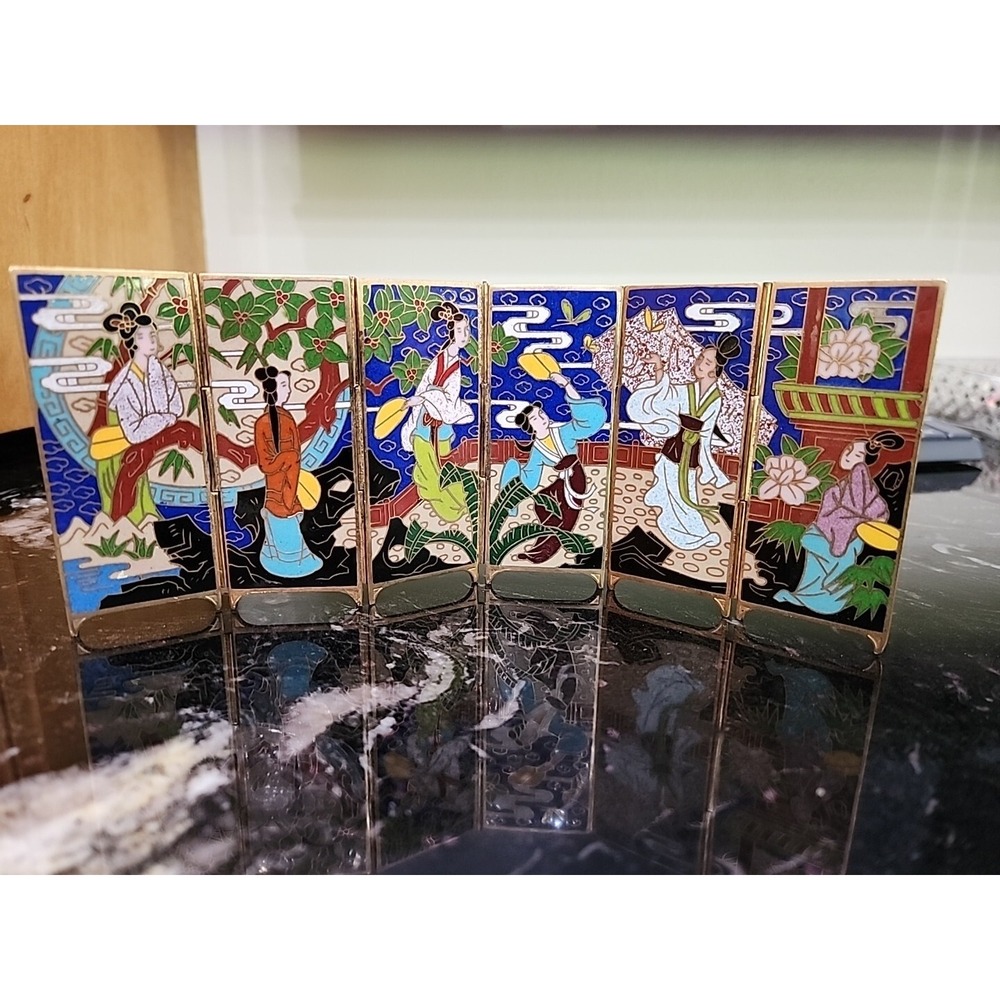 Rare Vintage Miniature 6 panel Cloisonne Enamel Screen with brass